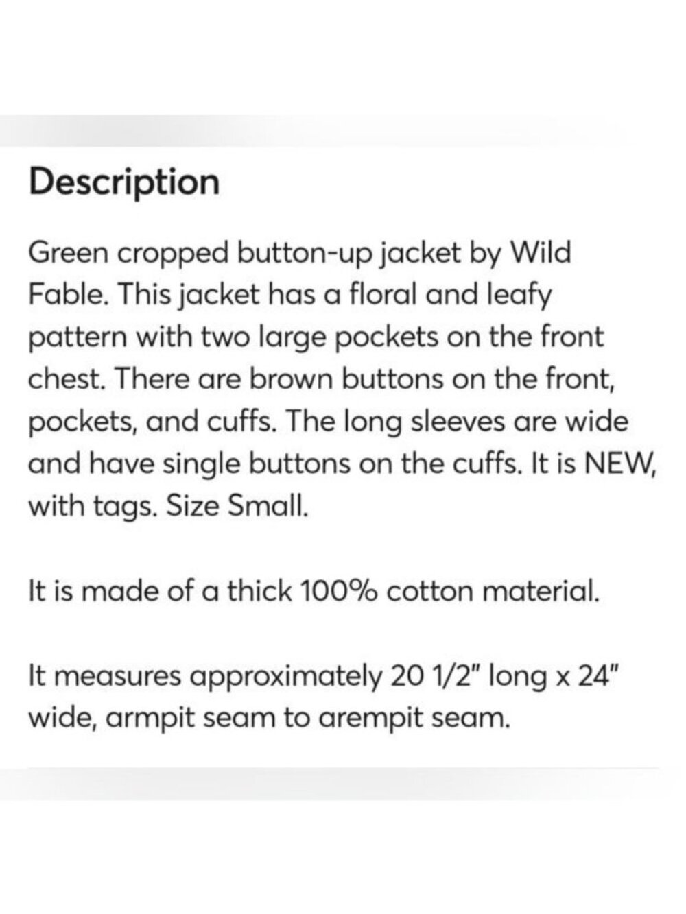 Wild Fable Cropped Floral Jacket Small New Women's Green Cotton Spring Layering - Picture 8 of 13